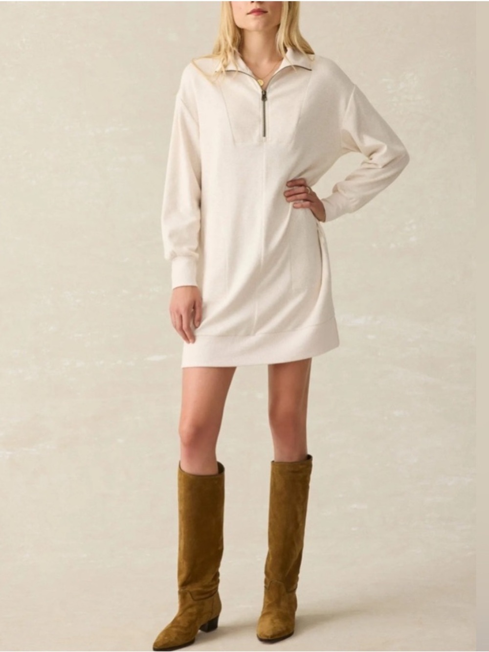 Faherty Legend Quarter Zip Sweatshirt Dress Oatmeal Organic Cotton 25501